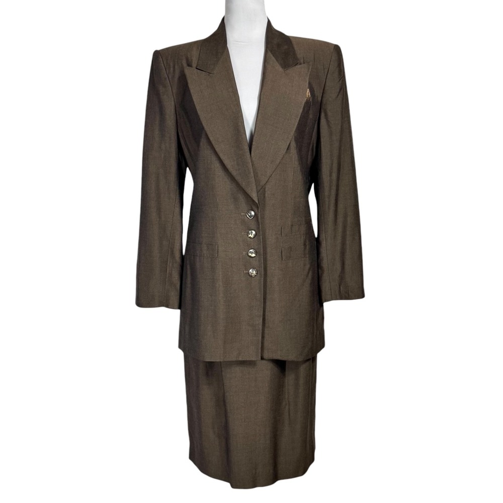 NWT VTG Kasper Longline Blazer Midi Skirt Suit 12 10 Brown Retro Polished Career